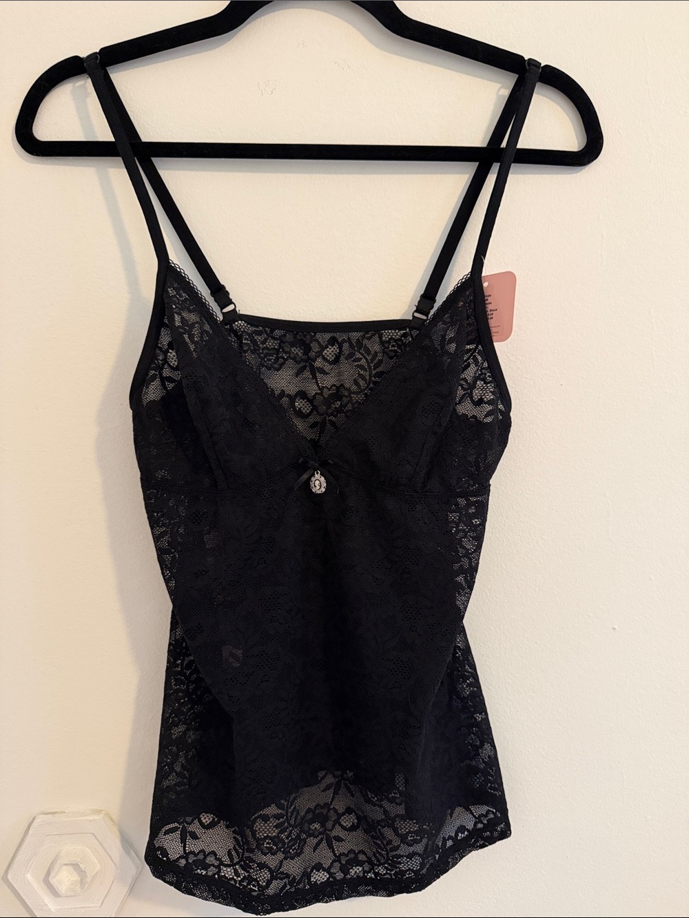 Black Lace Chemise Camisole with Cameo Charm Accent Cute!